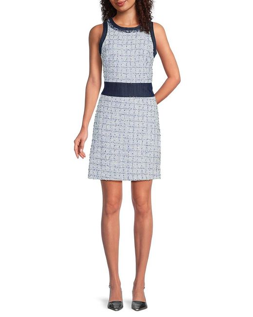 Karl Lagerfeld Blue Colorblock Multi-Texture Tweed Sheath Dress