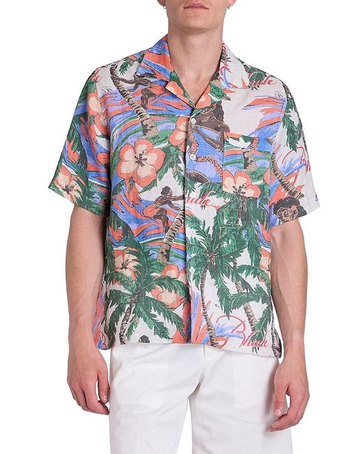 R H U D E © White Floral Linen Camp Shirt for men