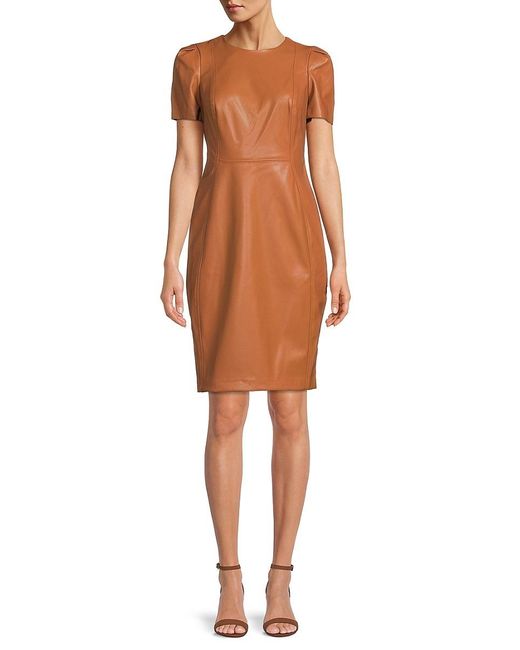 Calvin Klein Faux Leather Pencil Dress in Brown | Lyst