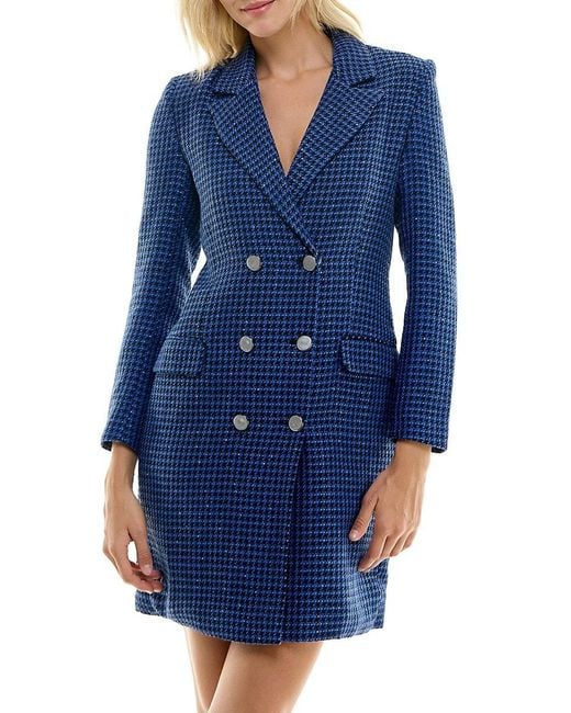 princess polly baby blue dress Nicole Miller Women's Blue Houndstooth Coat Mini Dress