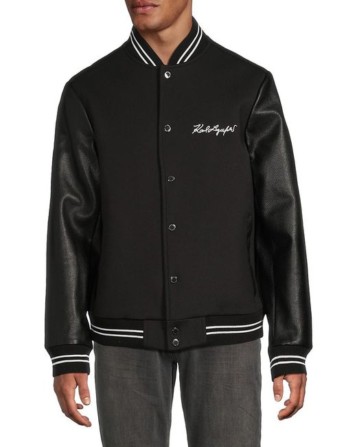 Karl Lagerfeld Black Logo Faux-Leather-Sleeve Varsity Jacket for men