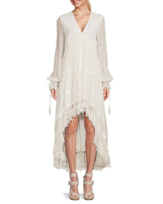 Rococo Sand White High Low Lace Trim Midi Dress