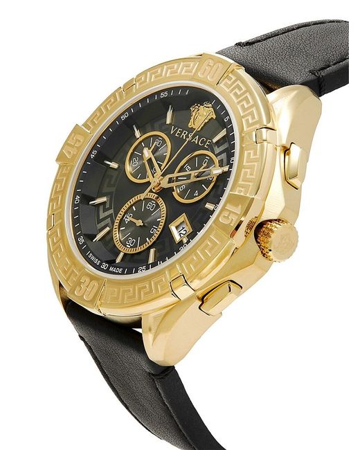 Versace Metallic V-greca 46mm Goldtone Stainless Steel & Leather Strap Chronograph Watch for men