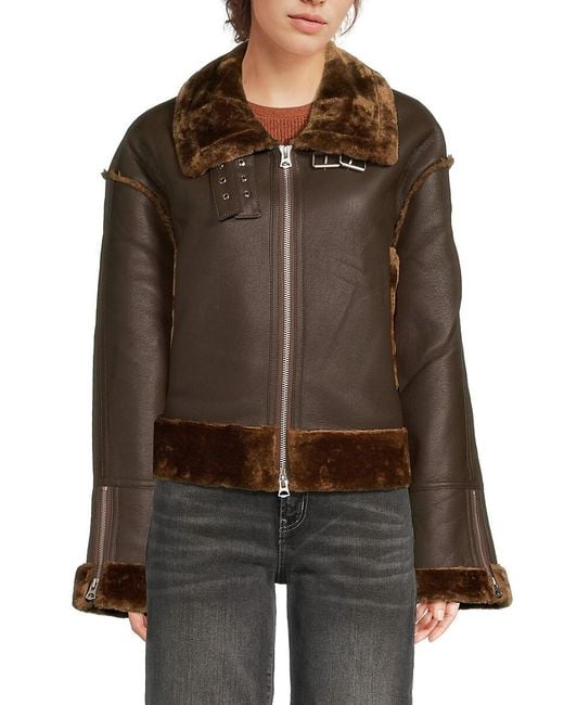 Hudson Brown Faux Fur Trim Faux Leather Jacket