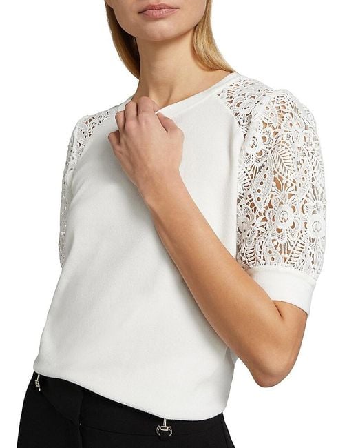 Tahari White Felicity Crochet-sleeve Sweater
