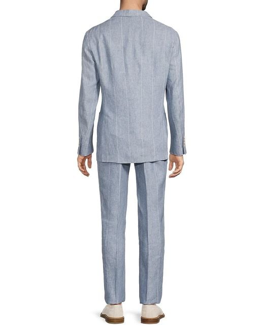 Brunello Cucinelli Blue Striped Linen Double-Breasted Suit for men