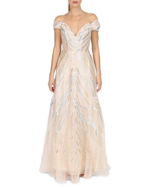 Rene Ruiz Natural Metallic Off Shoulder A Line Gown