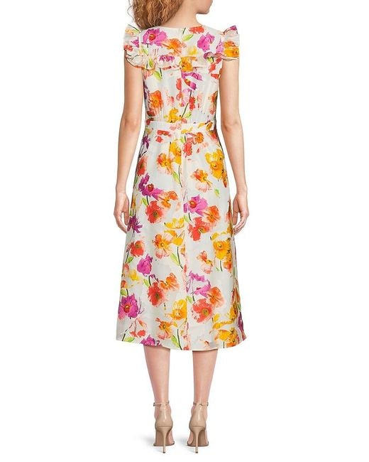 Karl Lagerfeld White Floral Flutter-Sleeve Midi-Dress