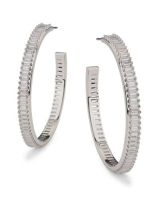 Adriana Orsini Women's White Disco Baguette Rhodium-Plated Brass Hoop Earrings