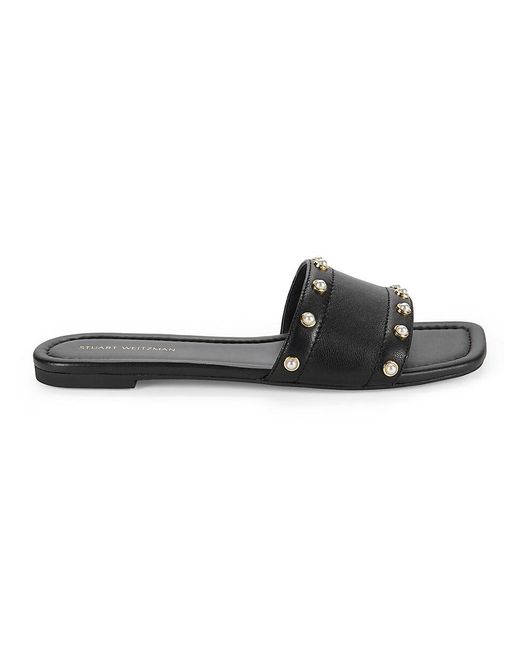 Stuart Weitzman Black Faux Pearl Leather Flat Sandals
