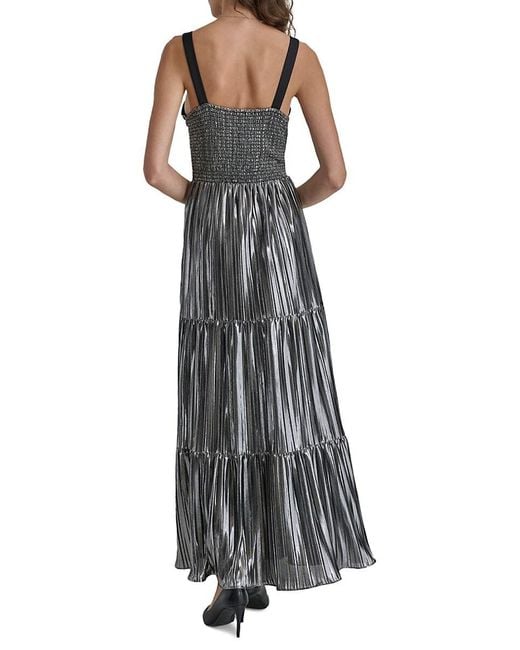 DKNY Gray Sleeveless Foil Plissé Maxi Dress