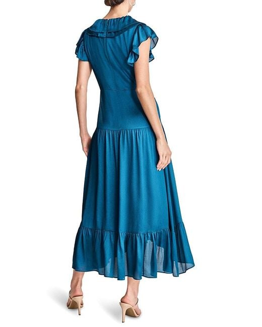 DKNY Blue Sleeveless V-Neck Ruffle Crinkle Fit-And-Flare Midi-Dress