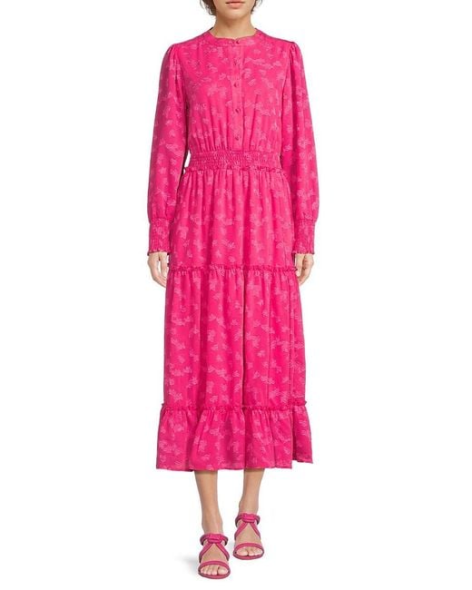 Tahari Pink Jacquard Smocked Midi-Dress