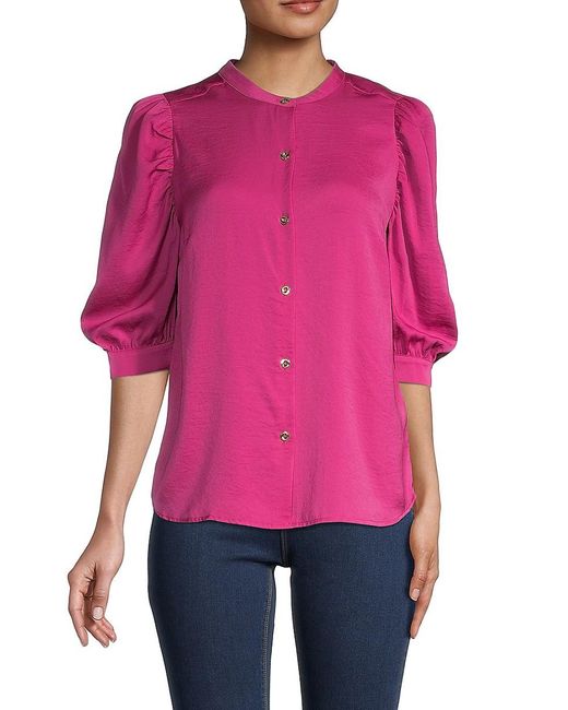 H Halston Synthetic Mandarin Collar Puff-sleeve Blouse in Pink | Lyst ...