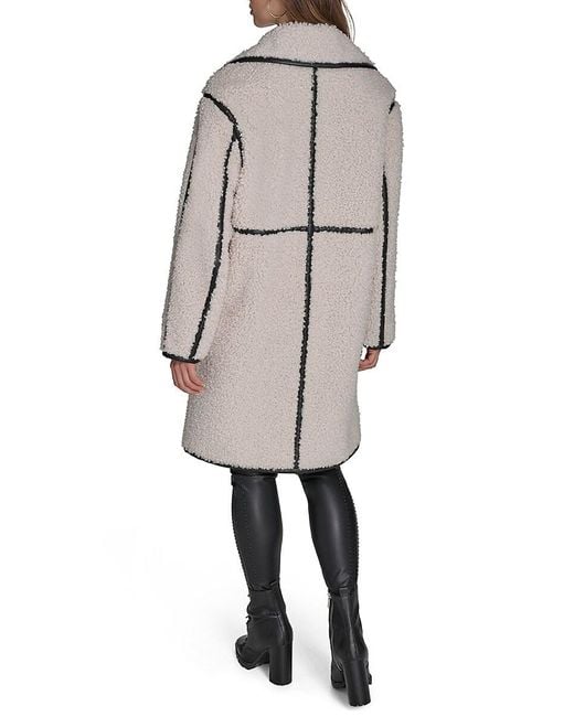 Karl Lagerfeld Gray Long Faux Shearling Coat With Faux Leather Trim