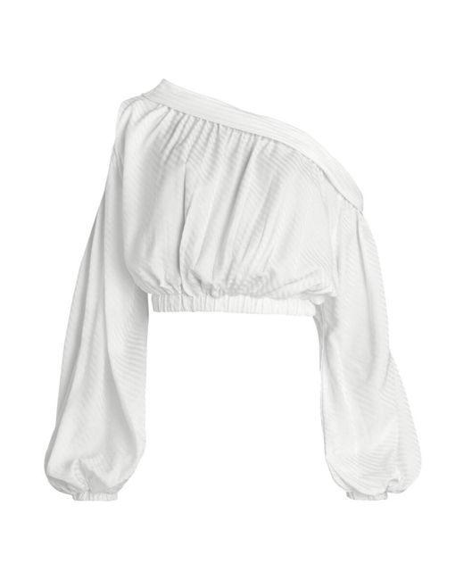 Silvia Tcherassi White Striped One-shoulder Puff-sleeve Blouse