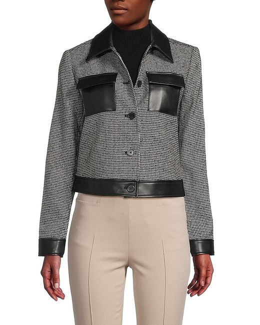 DKNY Gray Houndstooth Faux Leather Trim Jacket