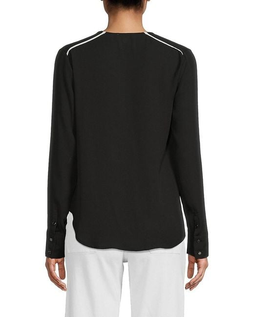 DKNY White Long Sleeve V-neck Contrast-trim Blouse