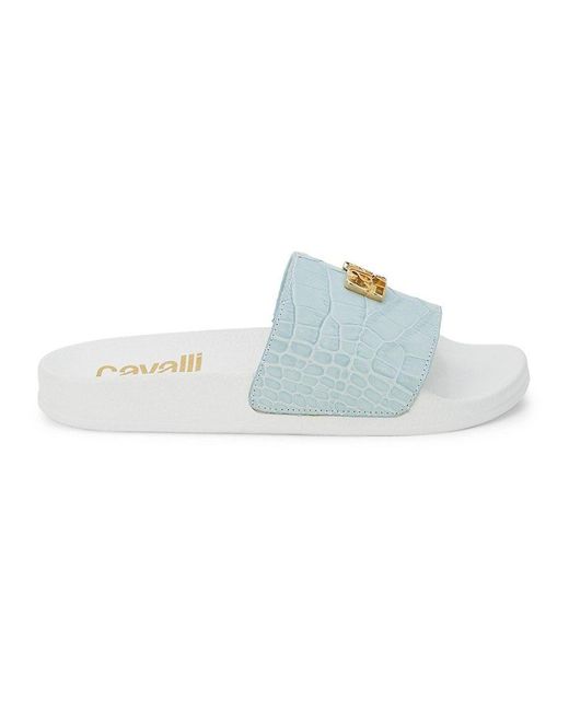 Class Roberto Cavalli Croc Embossed Leather Pool Slides in Blue | Lyst