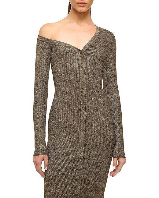 Staud Natural Craftsman Metallic Rib-Knit Asymmetric Sweaterdress