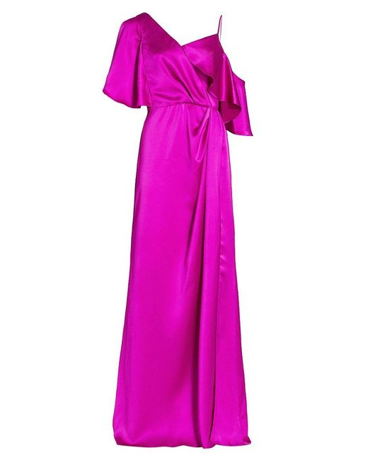 Amsale Pink Asymmetric Ruffle Sleeve Gown