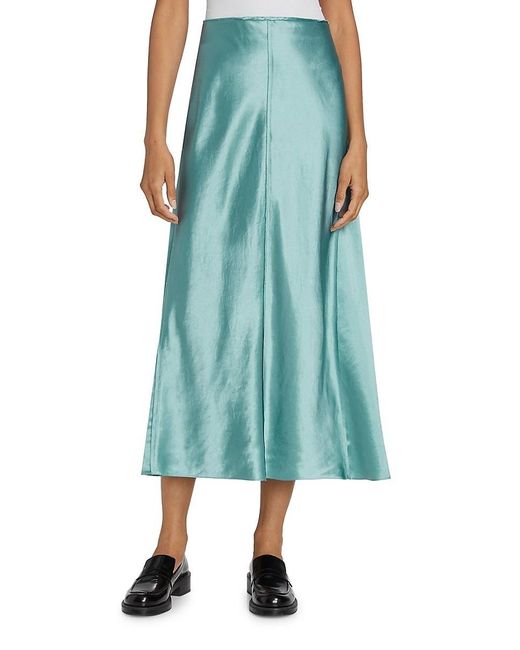 Vince Blue Solid Satin Midi Skirt