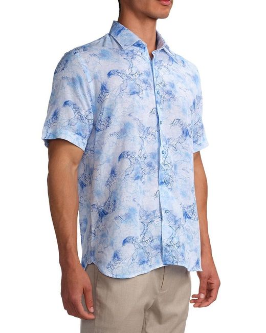 Garnet Blue Lofty Leaf Linen Blend Button Down Shirt for men