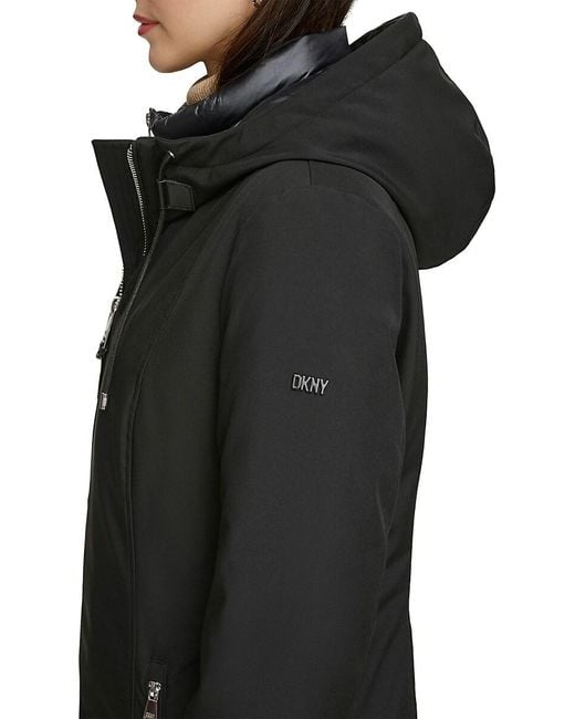 DKNY Black Longline Hooded Puffer Jacket