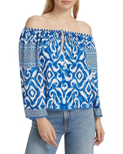Alice + Olivia Blue Devina Ikat Off-The-Shoulder Blouse