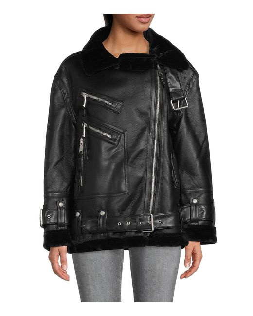 Rebecca Minkoff Faux Fur Lined Oversized Moto Jacket in Black | Lyst