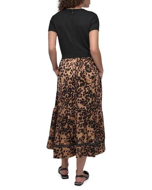 DKNY Brown Mixed Media Fit-&-flare Midi-dress
