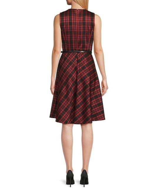 Tommy Hilfiger Red Plaid Belted Sleeveless Dress