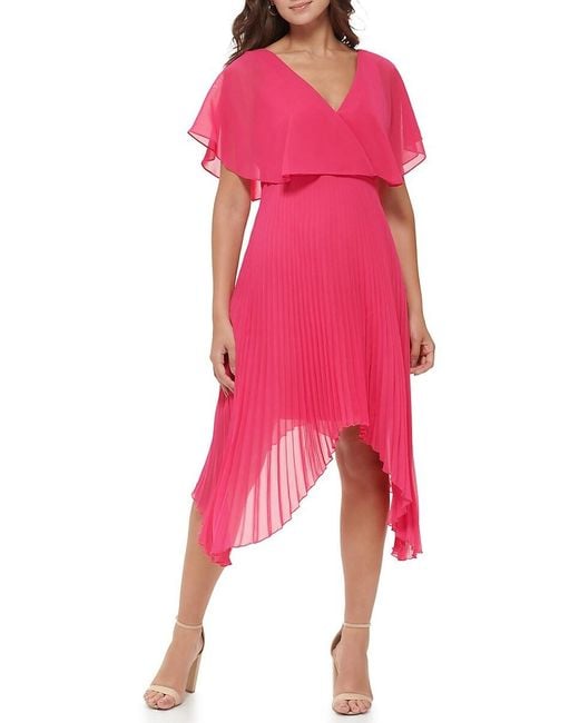 Kensie Pink High Low Pleated Midi-Dress