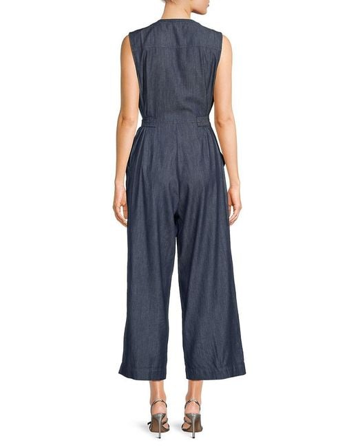 Tommy Hilfiger Blue Utility Zip Self-Tie Chambray Cropped Wide-Leg Jumpsuit