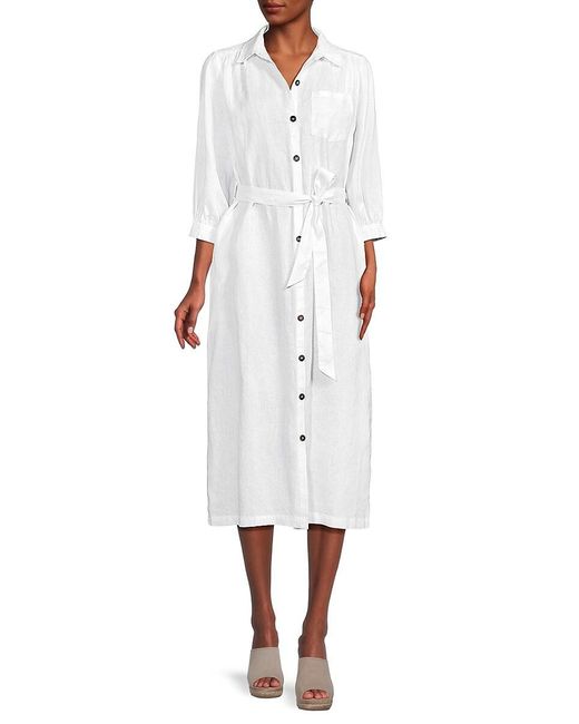 Saks Fifth Avenue White 100% Linen Belted Midi Shirtdress