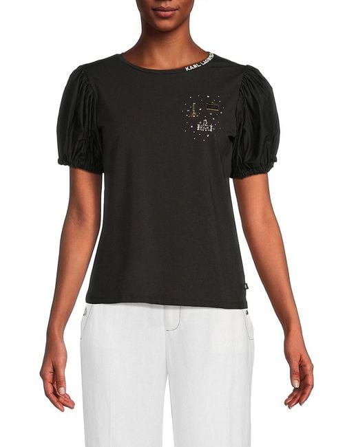 Karl Lagerfeld Black Graphic Puff-Sleeve T-Shirt
