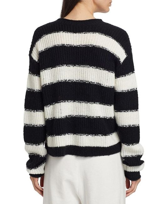 ATM Black Wool Blend Stripe V-neck Sweater