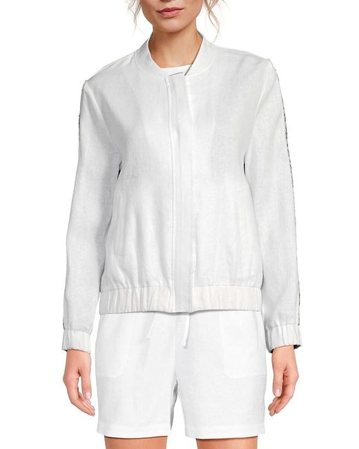 Saks Fifth Avenue White 100% Linen Sequin Stripe Bomber Jacket