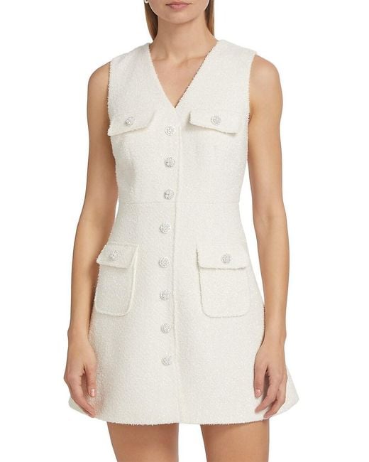 Self-Portrait White Bouclé V-Neck Minidress