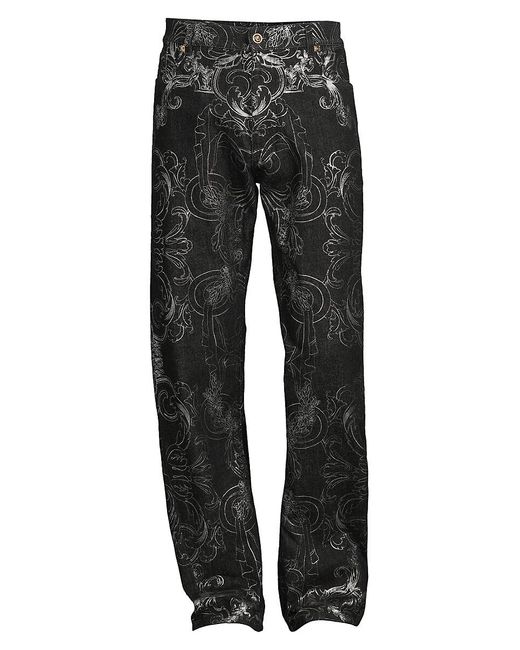 Versace Black High Rise Metallic Floral Jeans for men