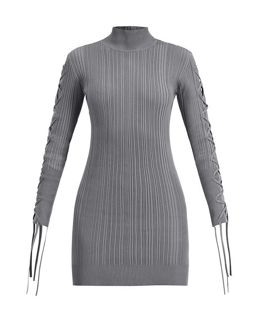 Hervé Léger Gray Rib Lace-up Long-sleeve Dress