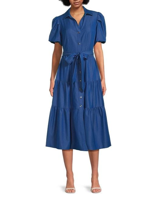 Tahari Blue Tiered Belted Midi Shirtdress