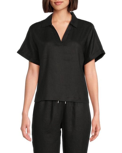 Saks Fifth Avenue Black 100% Linen Relaxed Fit Boxy Top
