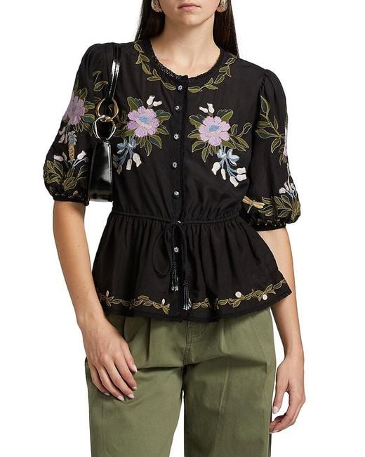 Farm Rio Black Winter Garden Embroidered Top