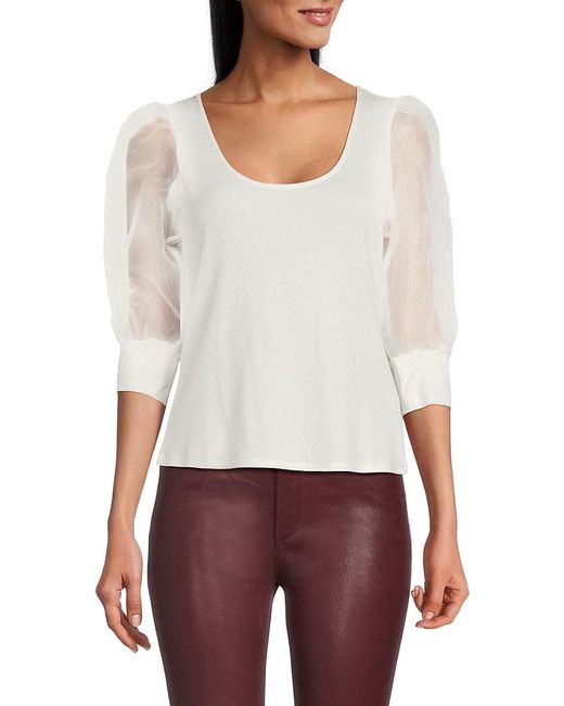 Lea & Viola White Knit Puff Sleeve Top