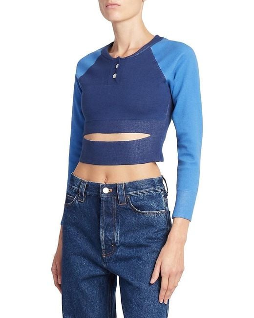 MERYLL ROGGE Blue Cropped Raglan Baseball T-Shirt