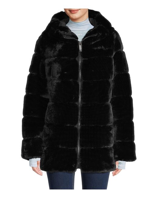 Belle Fare Hooded Faux Fur Coat in Black | Lyst