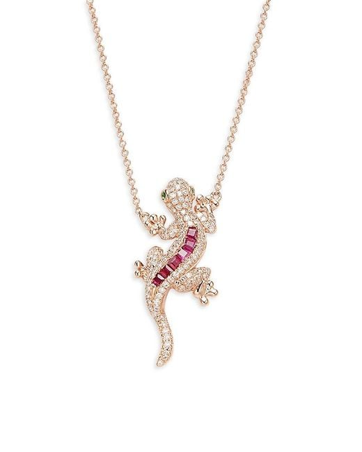 Effy 14k Rose Gold Ruby Emerald Diamond Lizard Pendant