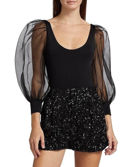 Alice + Olivia Black Jillianne Semi-Sheer-Bodysuit