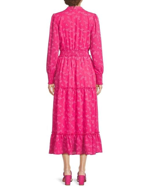 Tahari Pink Jacquard Smocked Midi-Dress